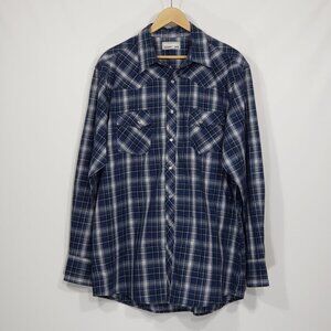 Wrangler Rancher Blue Plaid Pearl Snap Western Cowboy Shirt Men's XLT